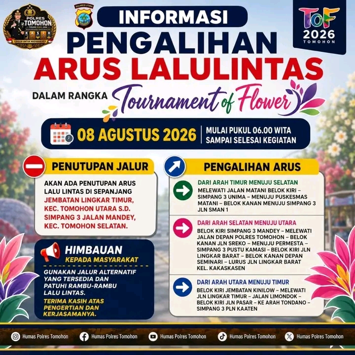 Polres Tomohon Imbau Masyarakat Perhatikan Rekayasa Lalu Lintas Saat Tournament of Flower 2026